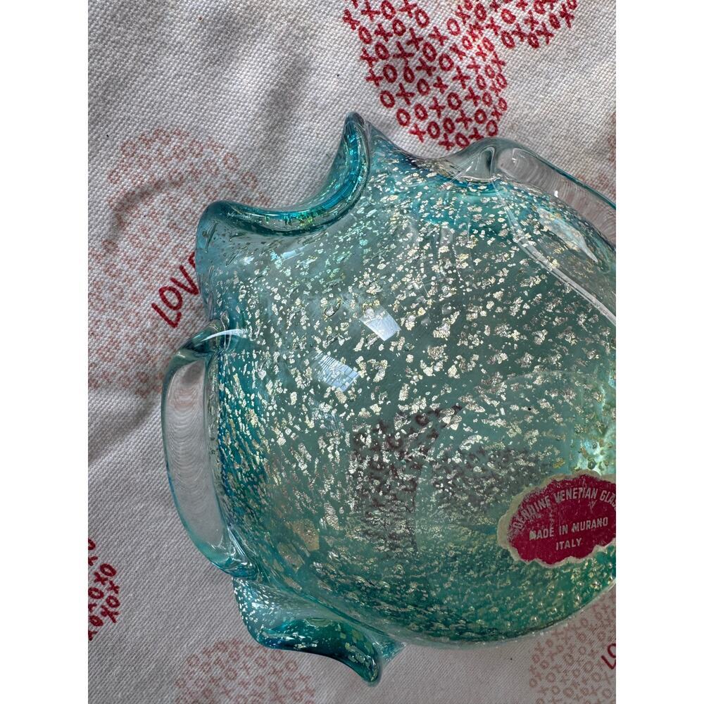 Vtg Murano Bollinato Blue Metallic Gold Fleck Scalloped Art Glass Bowl Ashtray - Picture 12 of 16